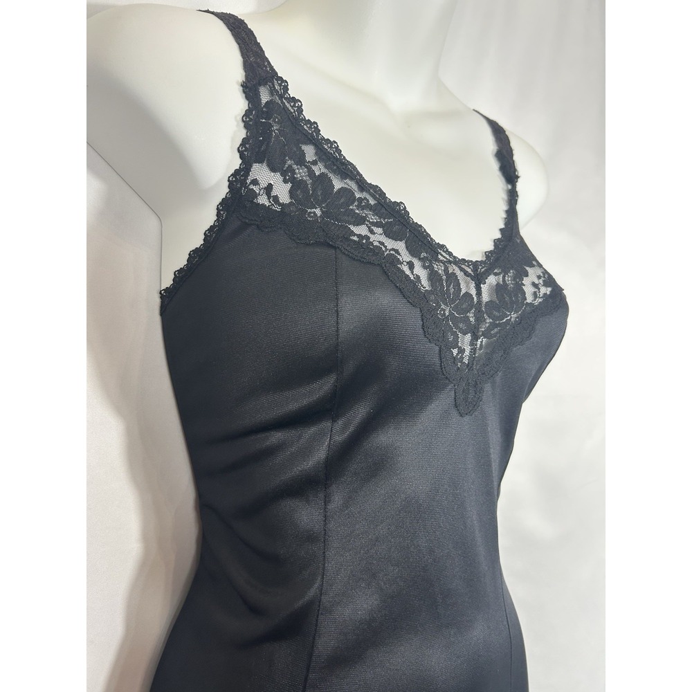Vintage Maidenform Satin Midi‎ Slip Dress 34 Black Lace Trim Goth Coquette Glam